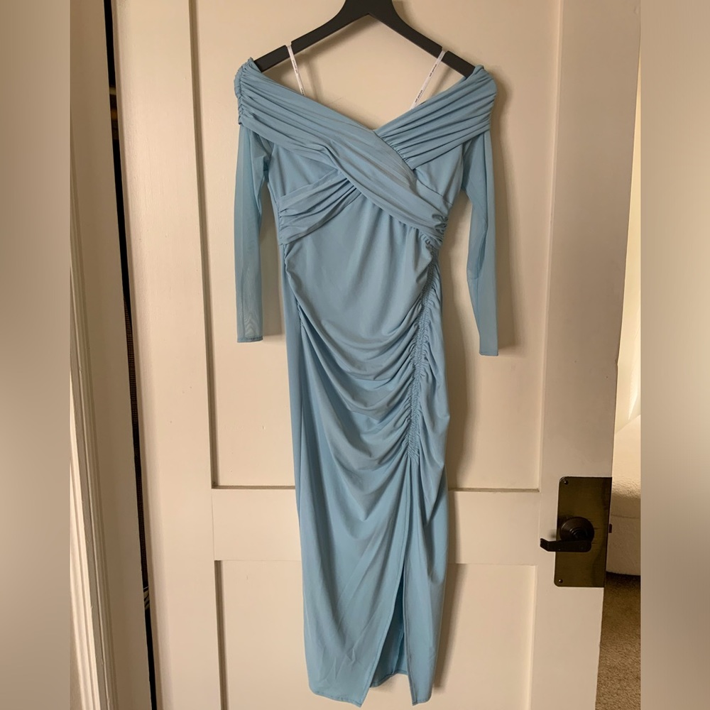 Self Portrait Off Shoulder Sheer Sleeve Midi Dress